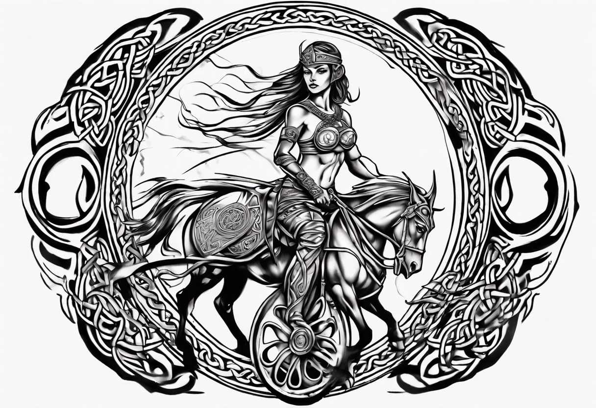 Celtic style female warrior in front on chariot tattoo idea