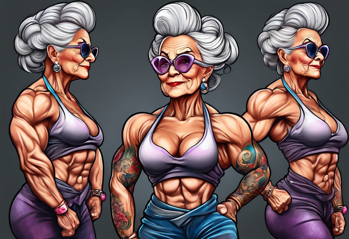 Muscular old lady bodybuilder posing. tattoo idea