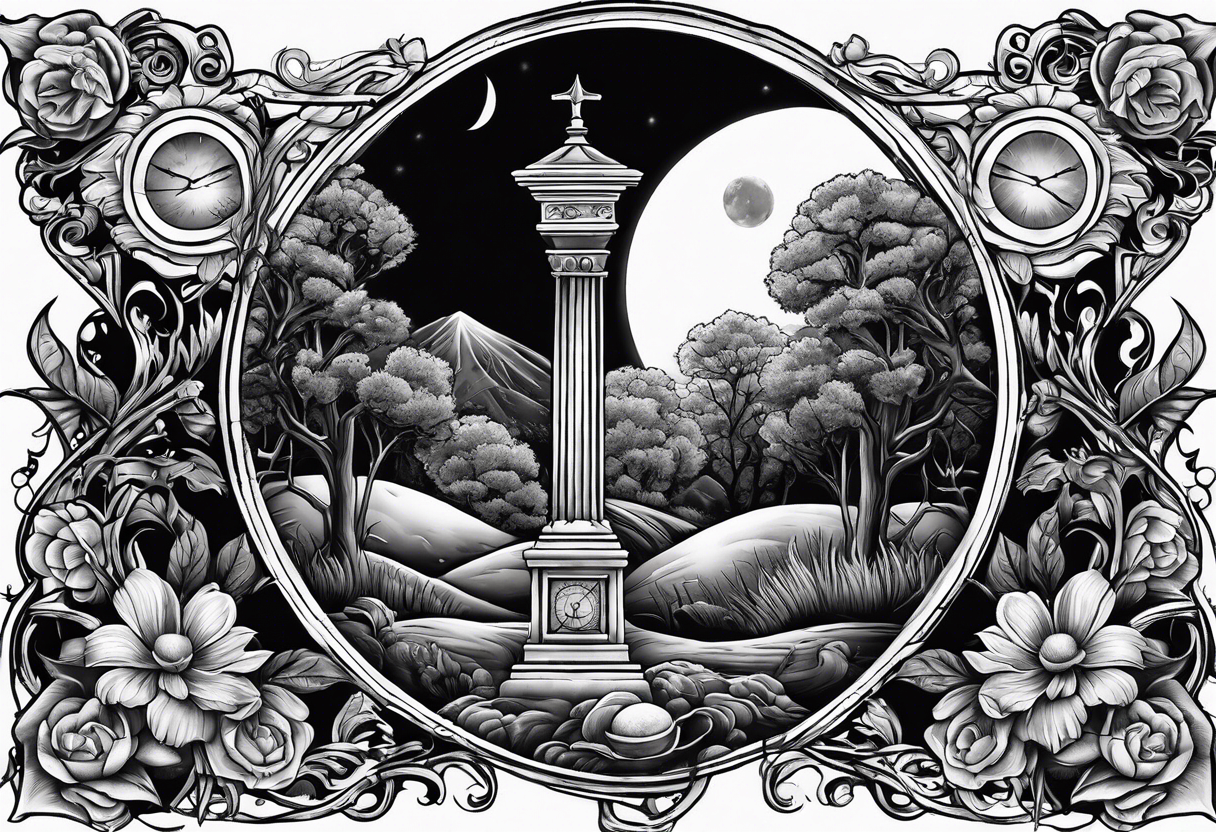 graveyard with moon and sundial tattoo idea