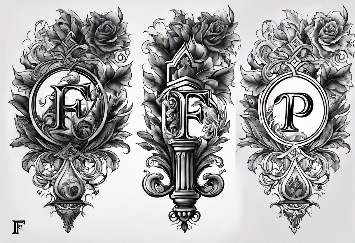 A backwards capital F next to a capital P with design elements around it. The left side should have elements of fire. The right side should have something that is fireproof or the opposite of fire. tattoo idea