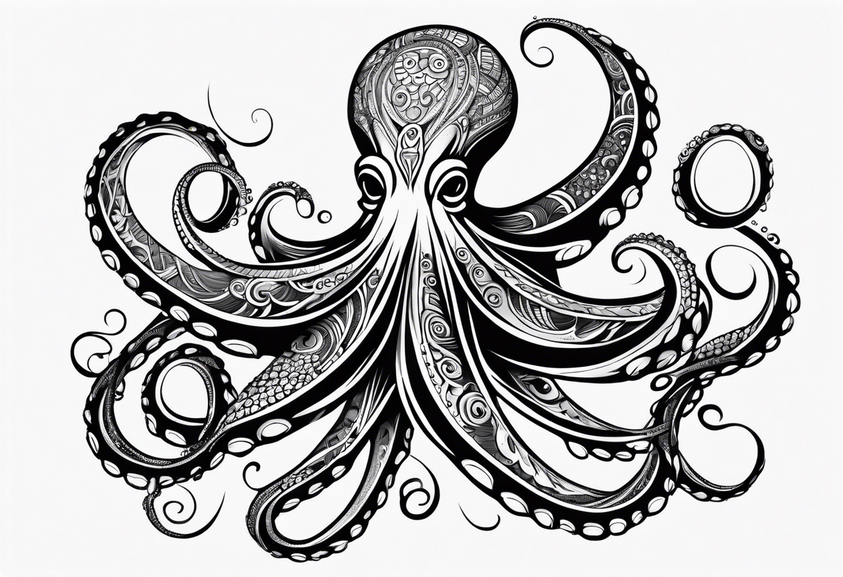 Hawaii tribal octopus with thick lines, less detail, and water waves tattoo idea