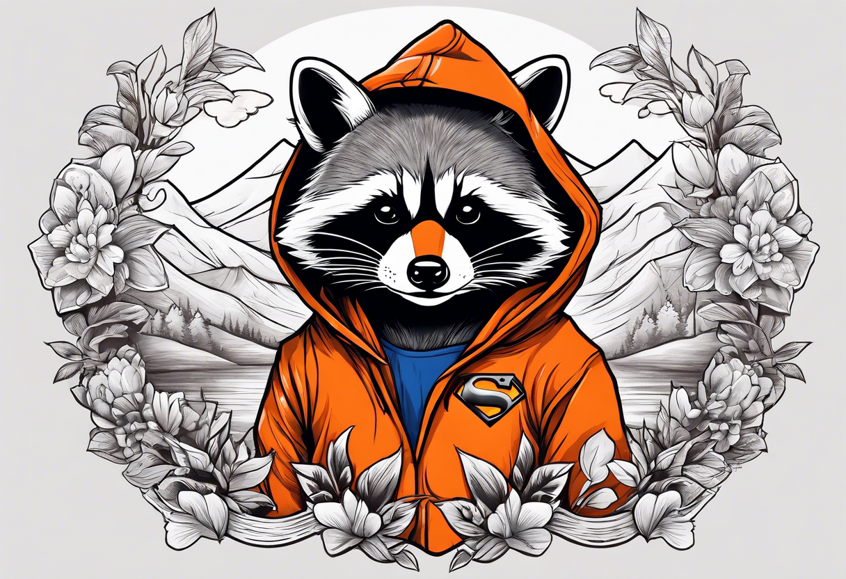 Raccoon wearing an orange Superman hoodie tattoo idea