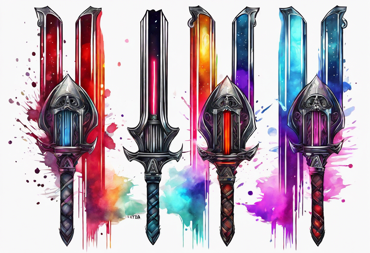 3 lightsabers with each one being the birth month color for May, July, January tattoo idea