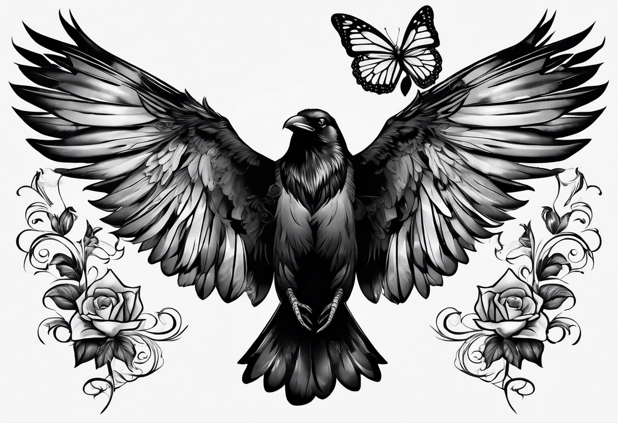 a animal that is a raven and a butterfly tattoo idea