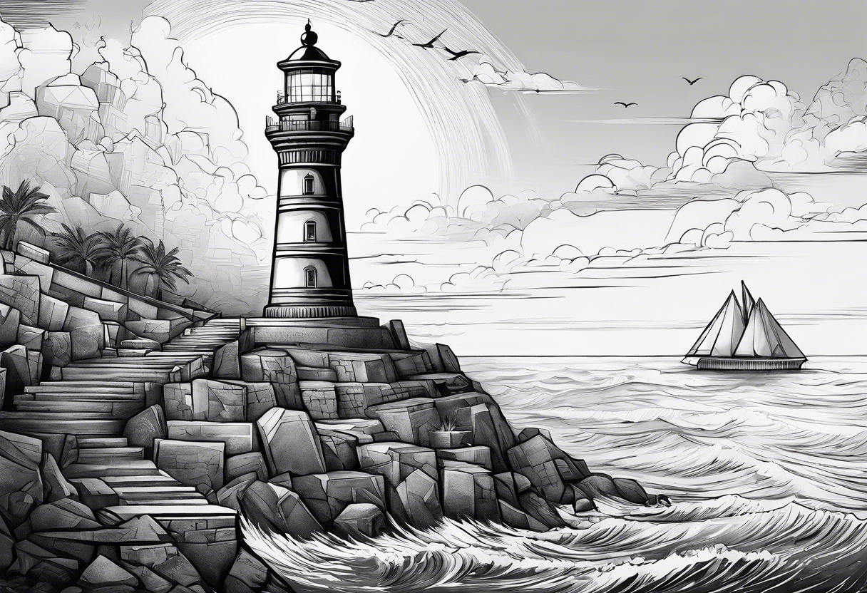 Lighthouse of Alexandria with heiroglyphics above it, pyramids in background tattoo idea