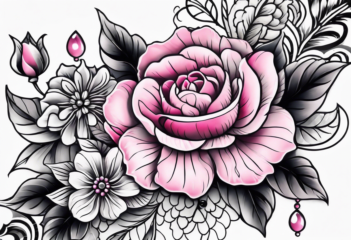 Floral leg piece with beading and lace tattoo idea. monochromatic pinks, old school flowers tattoo idea