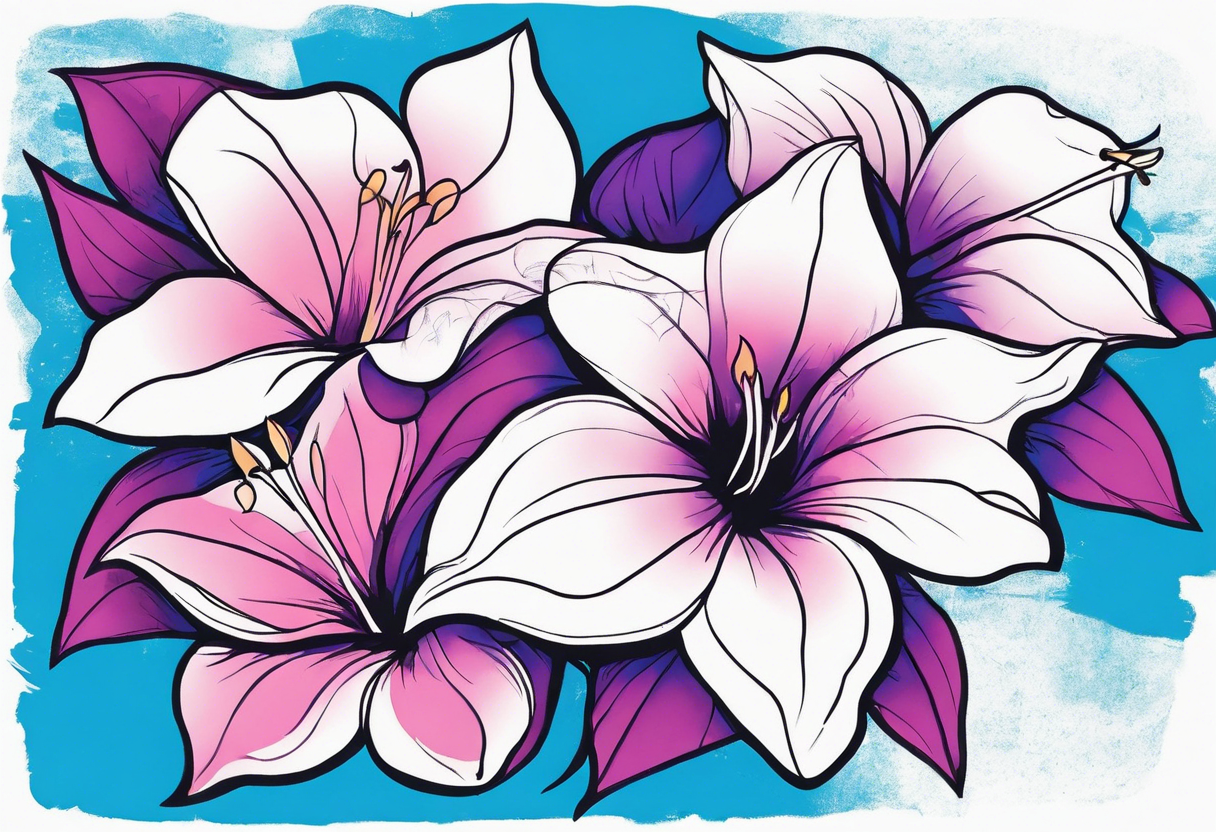 negative space linework mandevilla flowers over a brushstroke background of blue, pink and purple tattoo idea