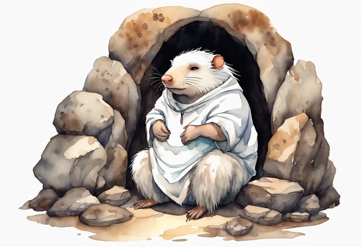 a solitary fat female mole with skin covered in short white fur with brown dreadlocks sitting in stone throne in a cave tattoo idea