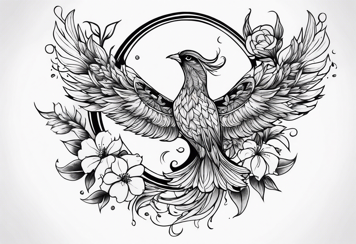 Phoenix with flowers but feminine not too realistic tattoo idea