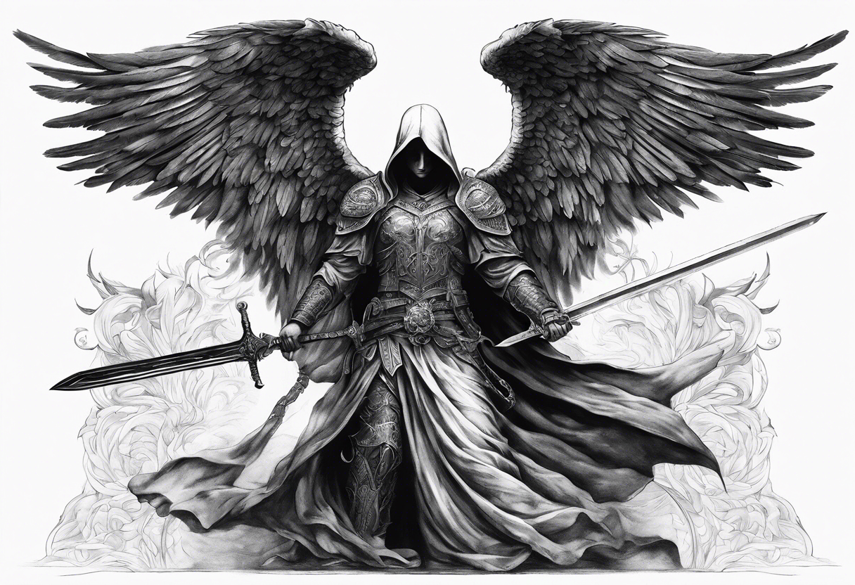 realistic full body of angel of death, fwithout face, holding one sword by both hands, sword is vertically pointing downwards tattoo idea