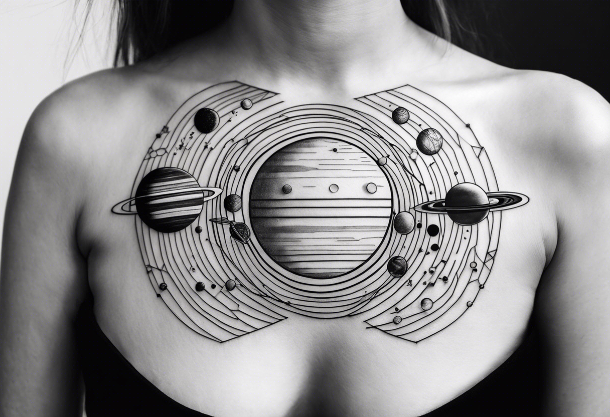 Fine line solar system tattoo of planets aligned minimal lines tattoo idea
