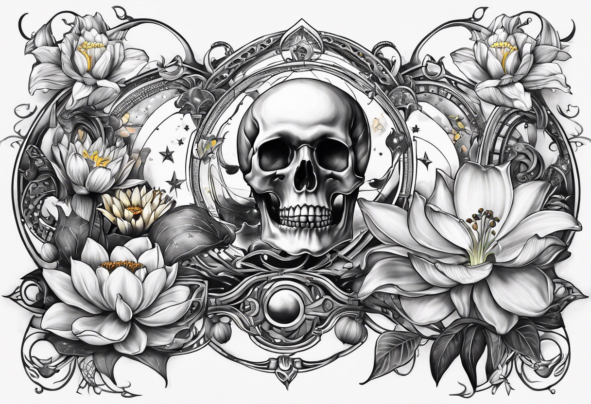 sleeve tattoo including science, skulls, roller coaster track, space and stars, water lily, daffodil, lily of the valley tattoo idea