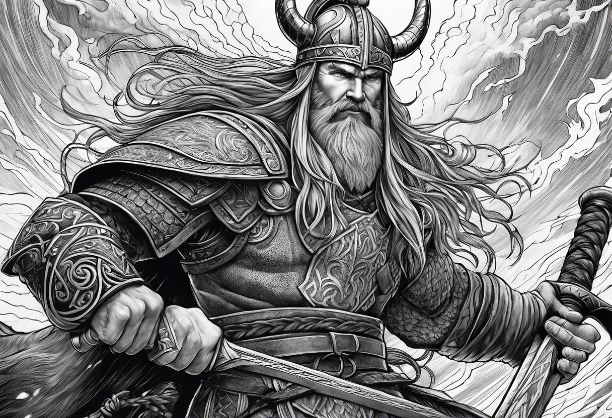 Norse mythology, ultra realism, Viking, war, battle, storm, chaos,  detailed, ragnarok, panoramic tattoo idea