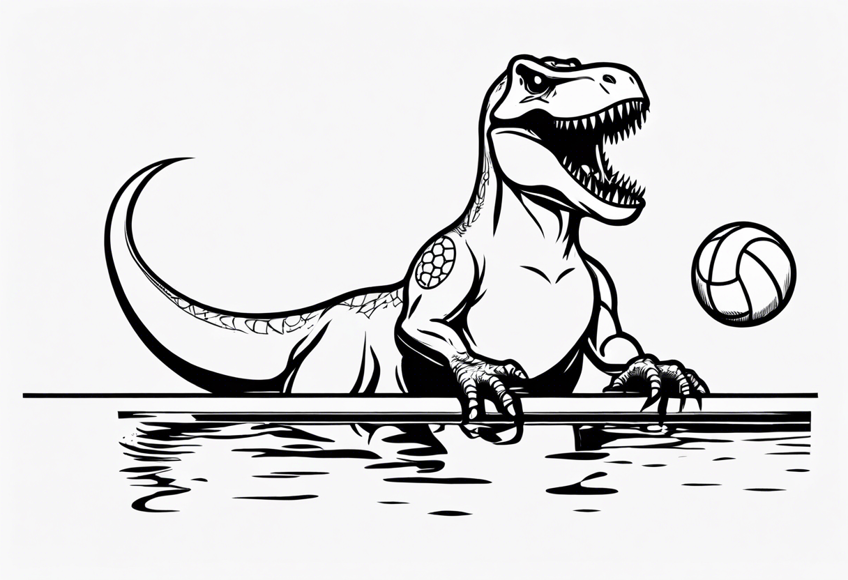 happy t rex in a pool wearing water polo cap with goal tattoo idea