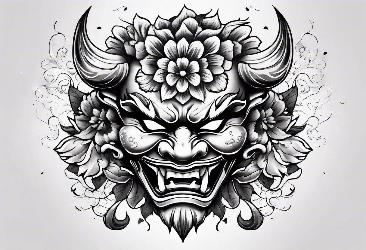 oni mask with flower petals falling around it tattoo idea