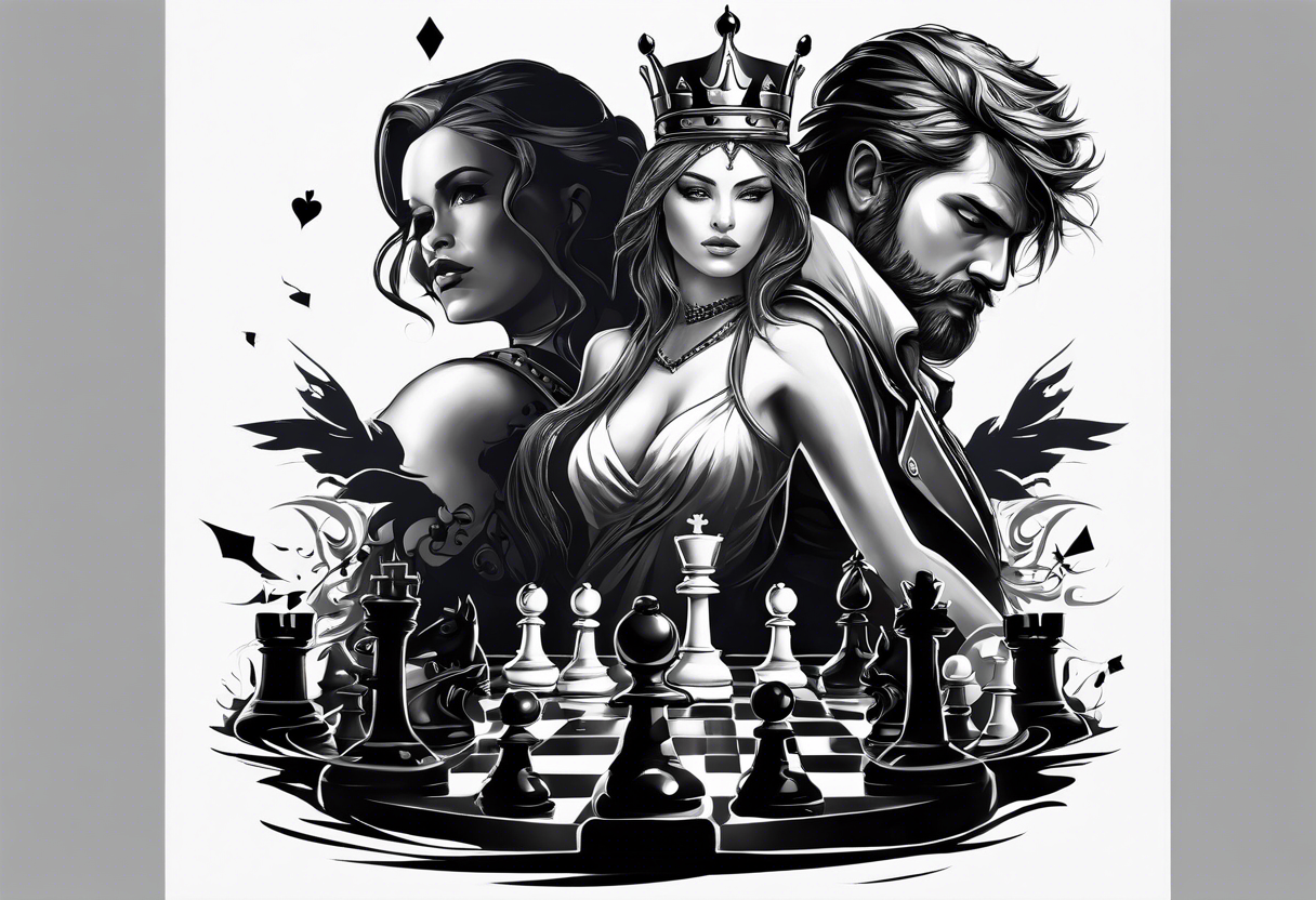 Capture the intense moment of checkmate in the game, with the angelic queen delivering the final move, signaling the triumph of good over evil in this strategic battle. tattoo idea