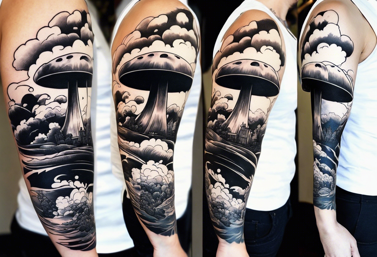 Military themed sleeve include a mushroom cloud from a bomb tattoo idea