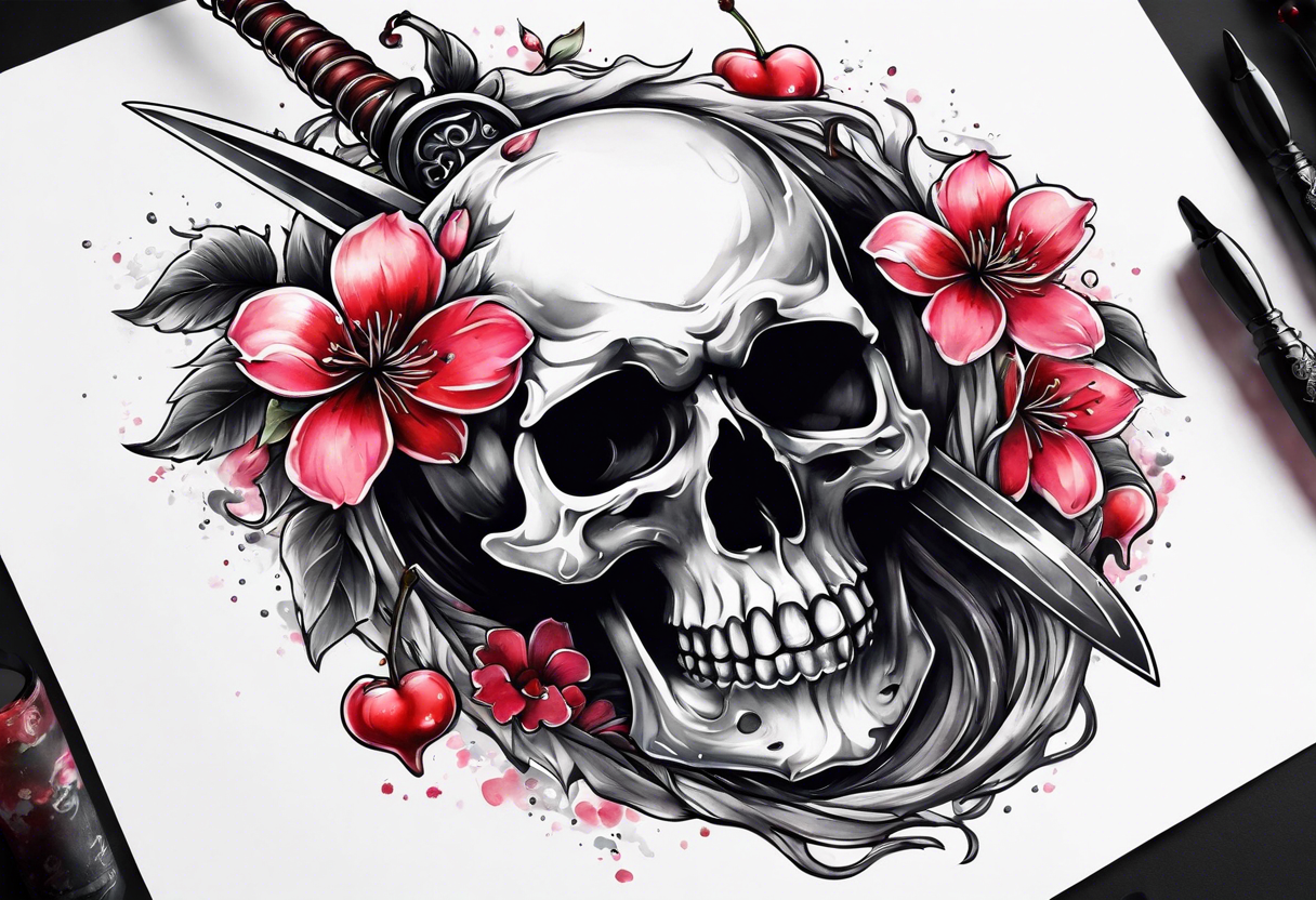 Bloody sword in a skull cherry blossom growing tattoo idea