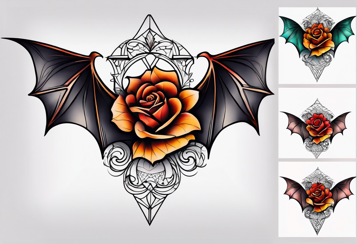 blackwork Bat Knee tattoo in fall colors with a rose tattoo idea