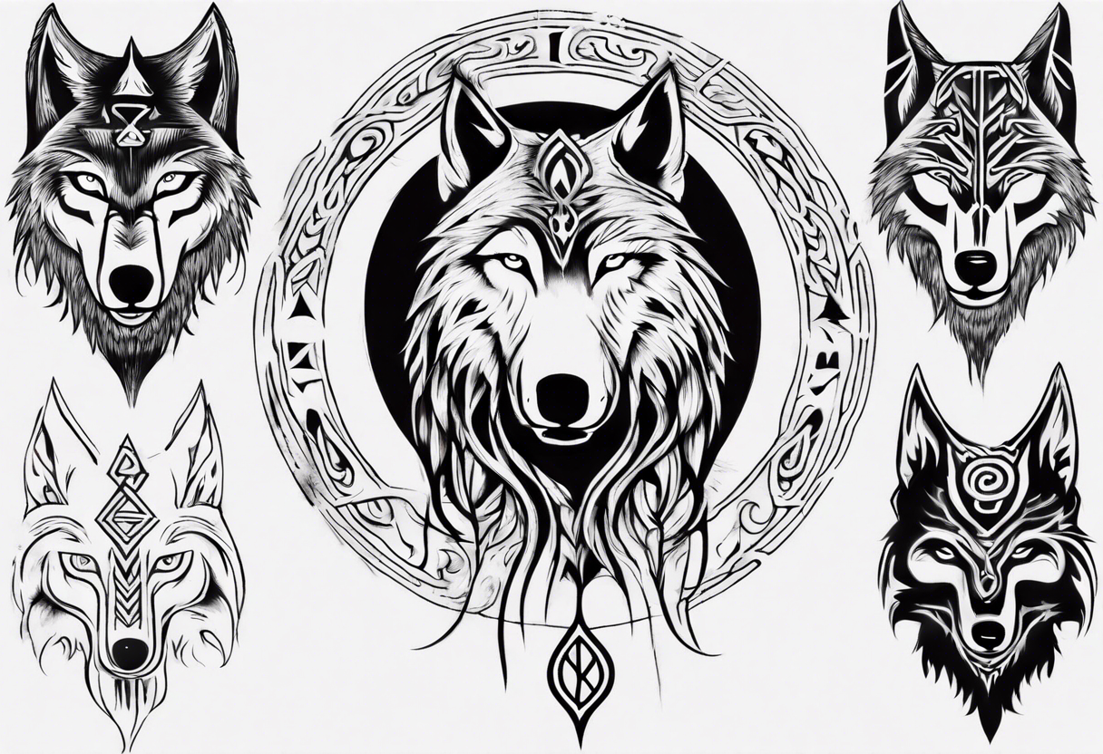 Wolf  howling with Norse symbols, a bit of Māori symbolism tattooing as its fur to represent strength tattoo idea