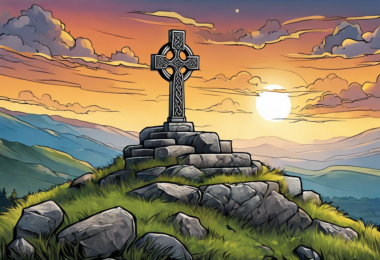 A stone Celtic cross standing solemnly atop a hill. A ruined stone wall lies crumbling near the cross tattoo idea