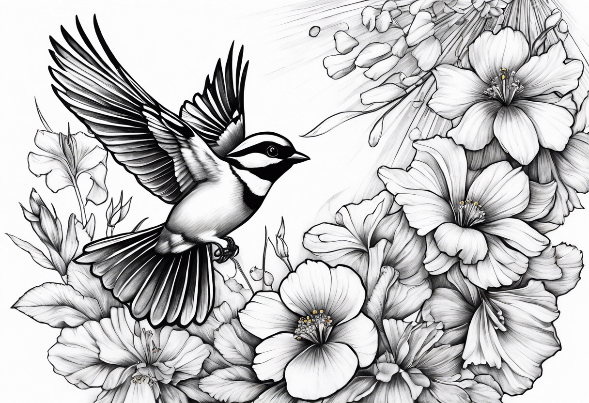 one flying 
sparrow, sunrays, 
make it a neck sleeve
add in a cosmos, iris, daisy, poppy and larkspur tattoo idea