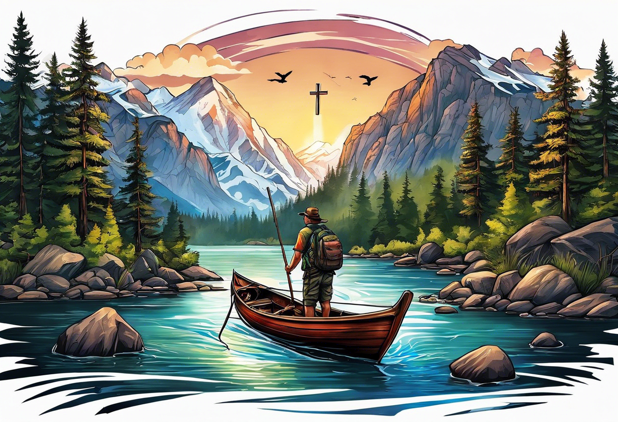 Backpacking fishing Wildlife theme and background with a Christian cross tattoo idea