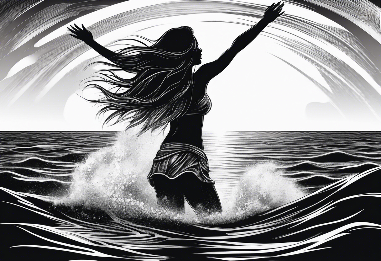 long-haired woman emerging from water, reaching up to a star tattoo idea