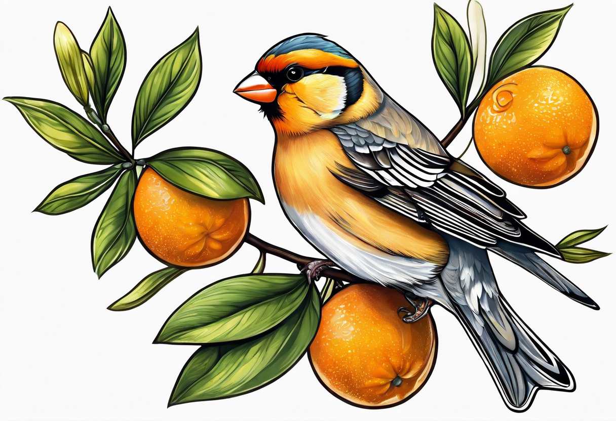 finch leaving on an orange blossom branch with its wings up tattoo idea