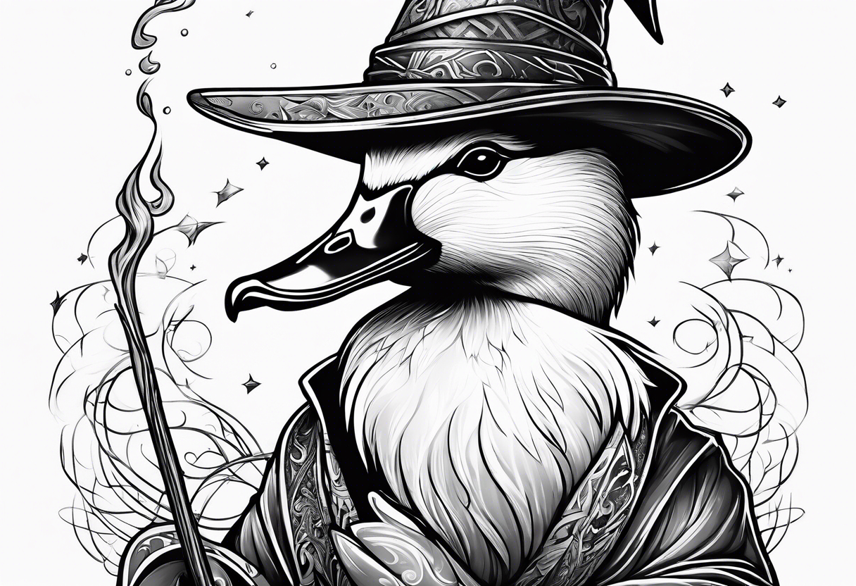 Dabbling Duck dressed like a wizard casting a spell with his wand tattoo idea