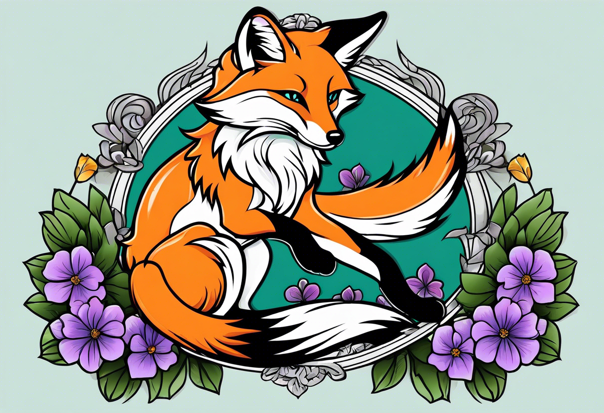 Neo traditional fox with violets and teal frame tattoo idea