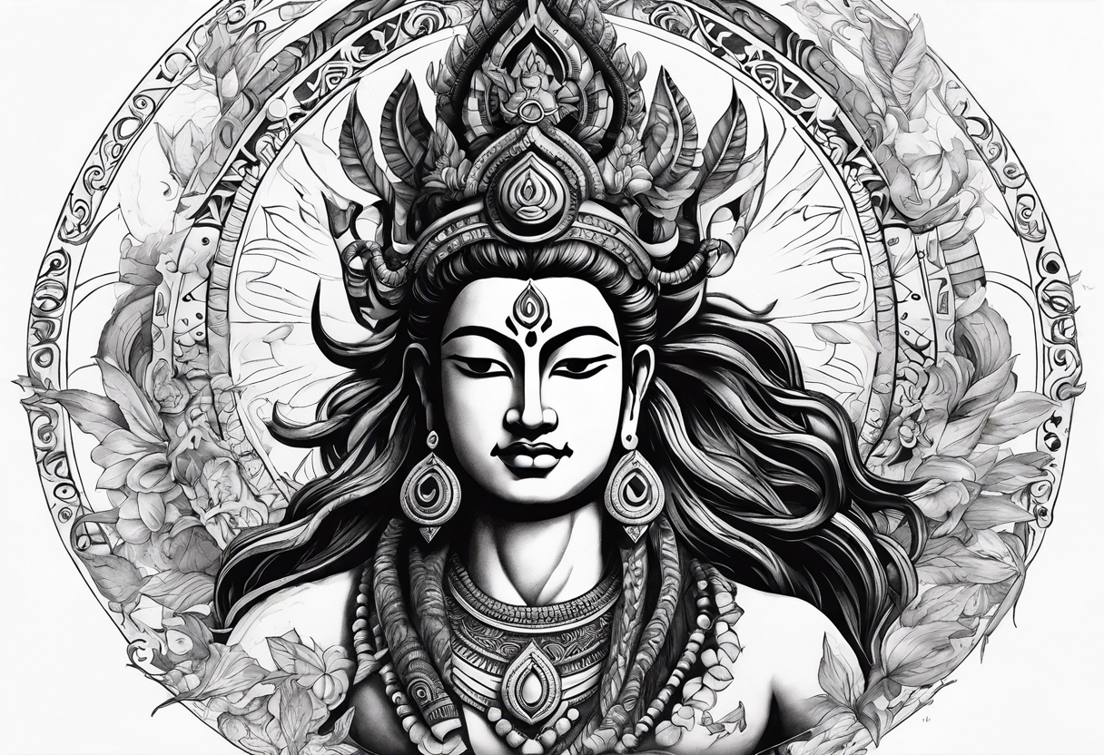 envision Shiva in a dynamic pose, surrounded by symbols representing adventure and karma, with flowing elements to signify your go-with-the-flow attitude. tattoo idea