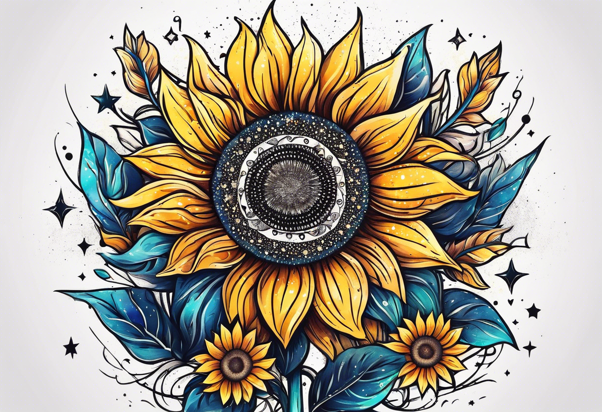 small sunflower surrounded by cosmic stars and arrow tattoo idea