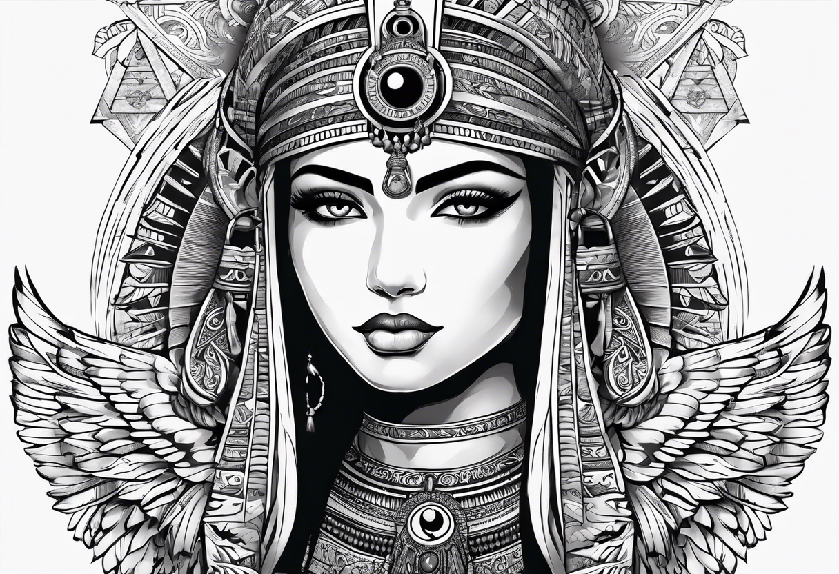 girl with eye of horus behind hierogliphlic wall tattoo idea