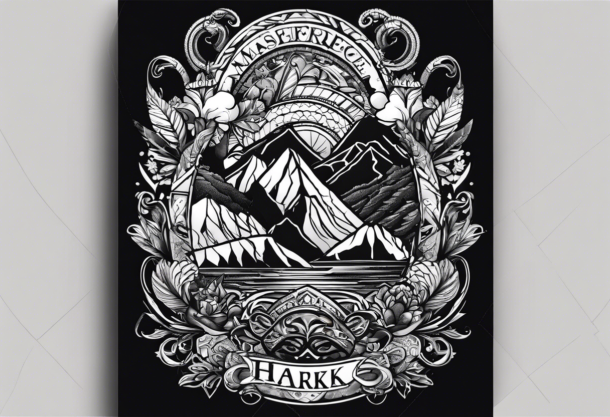 A tattoo with the word "HARK" include images related to rock climbing, traveling, and lakes. tattoo idea