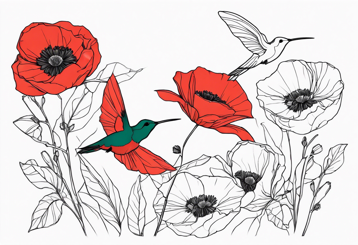 hummingbirds with red poppies tattoo idea