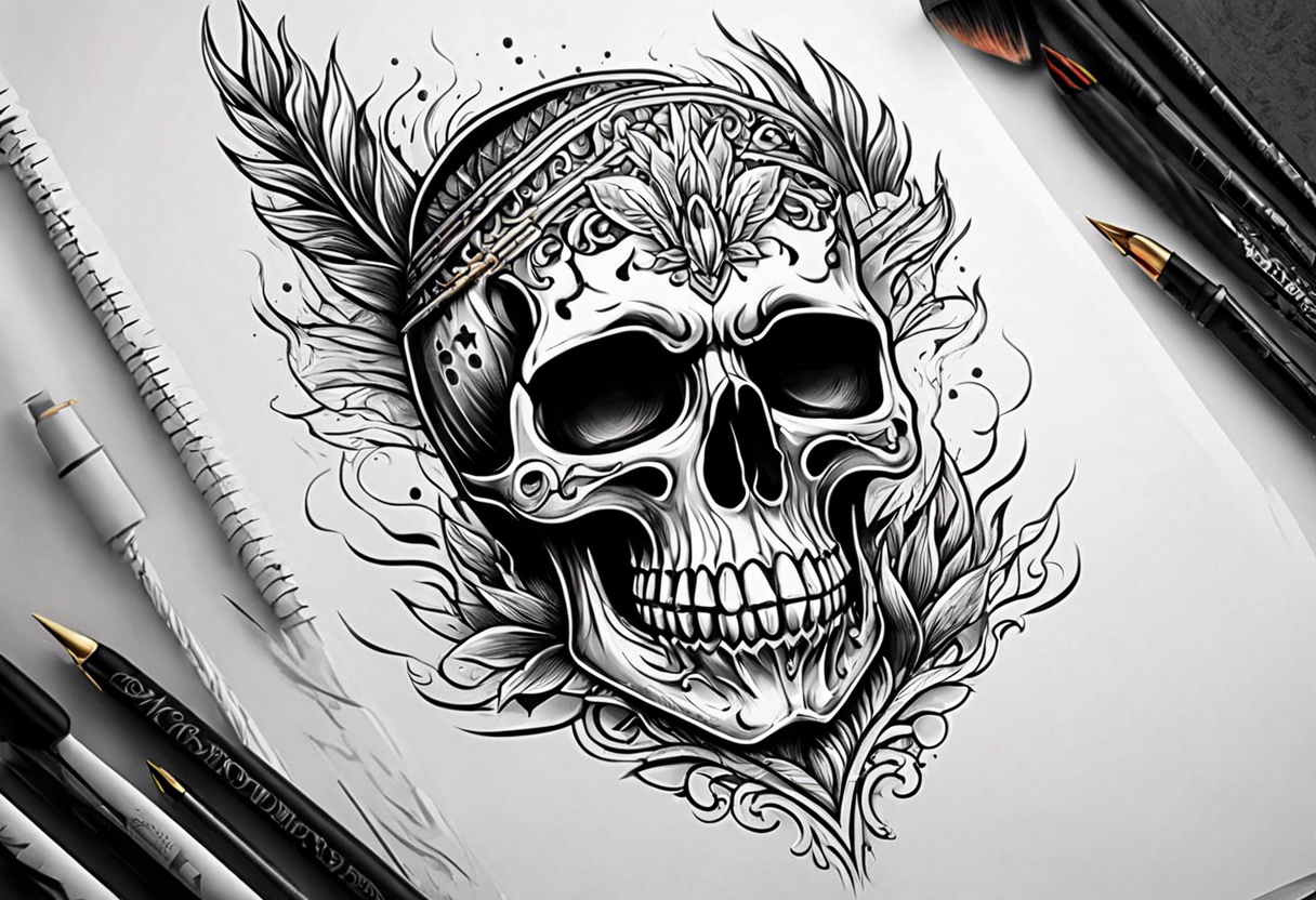 burning skull, stabbed by drumsticks tattoo idea