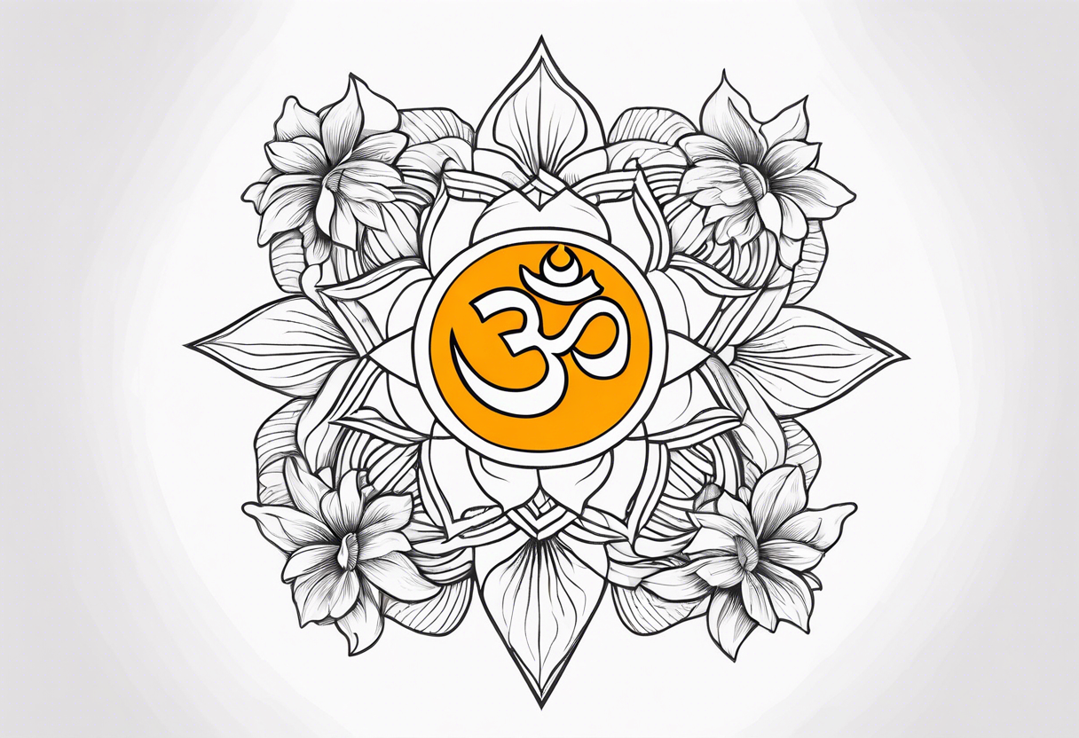 AUM symbol, one flying 
sparrow, sunrays, staircase, cosmos, iris, daisy tattoo idea