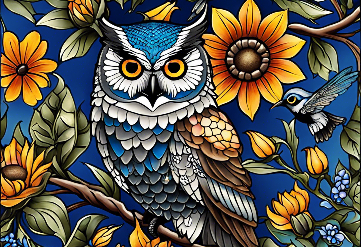 A lower forearm sleeve full colour mandala flowers, and owl, bees