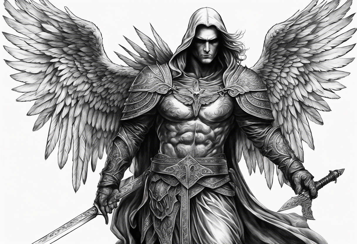 realistic angel of death, man, full body, no face visible, holding one sword, sword vertically pointing downwards tattoo idea