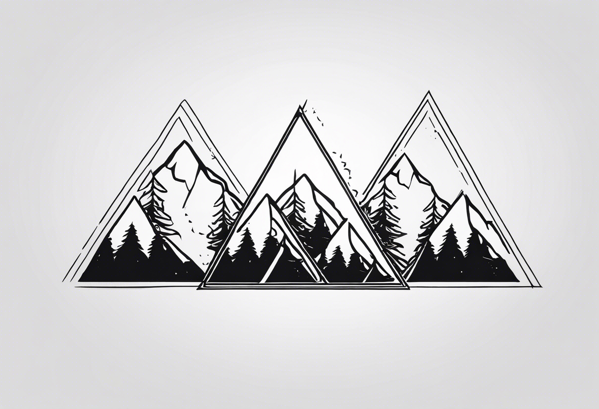 Black line tattoo with three different sizes triangles forming a mountain range with three trees tattoo idea