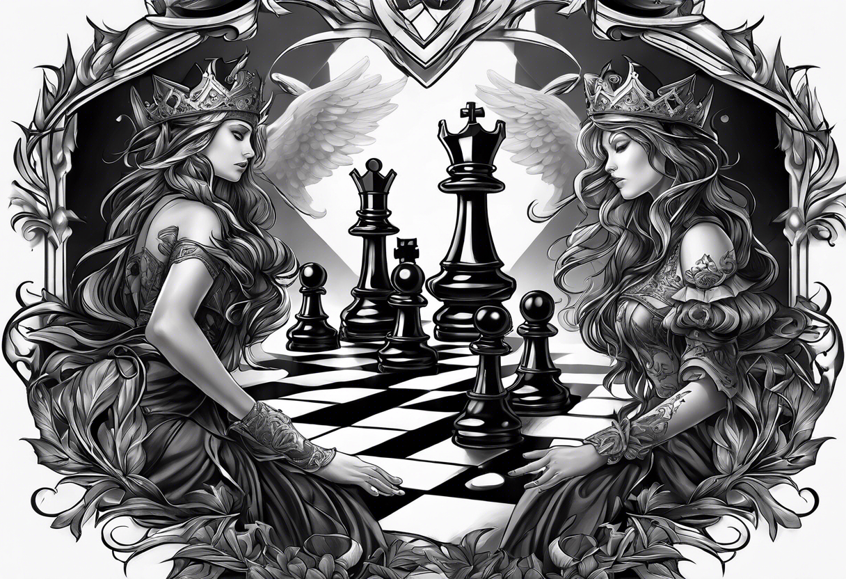 Capture the intense moment of checkmate in the game, with the angelic queen delivering the final move, signaling the triumph of good over evil in this strategic battle. tattoo idea