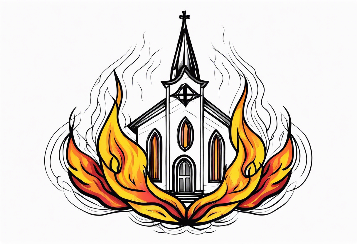 church with flames tattoo idea