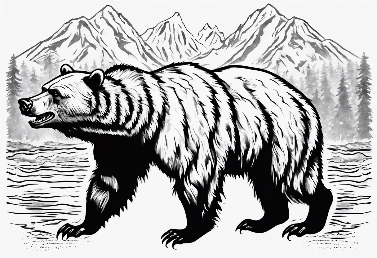 A transparent growling grizzly bear standing on hind legs and inside the bear a realistic depiction of the triglav mountain in slovenia and under the sea pounding the mountain. All inside the bear tattoo idea