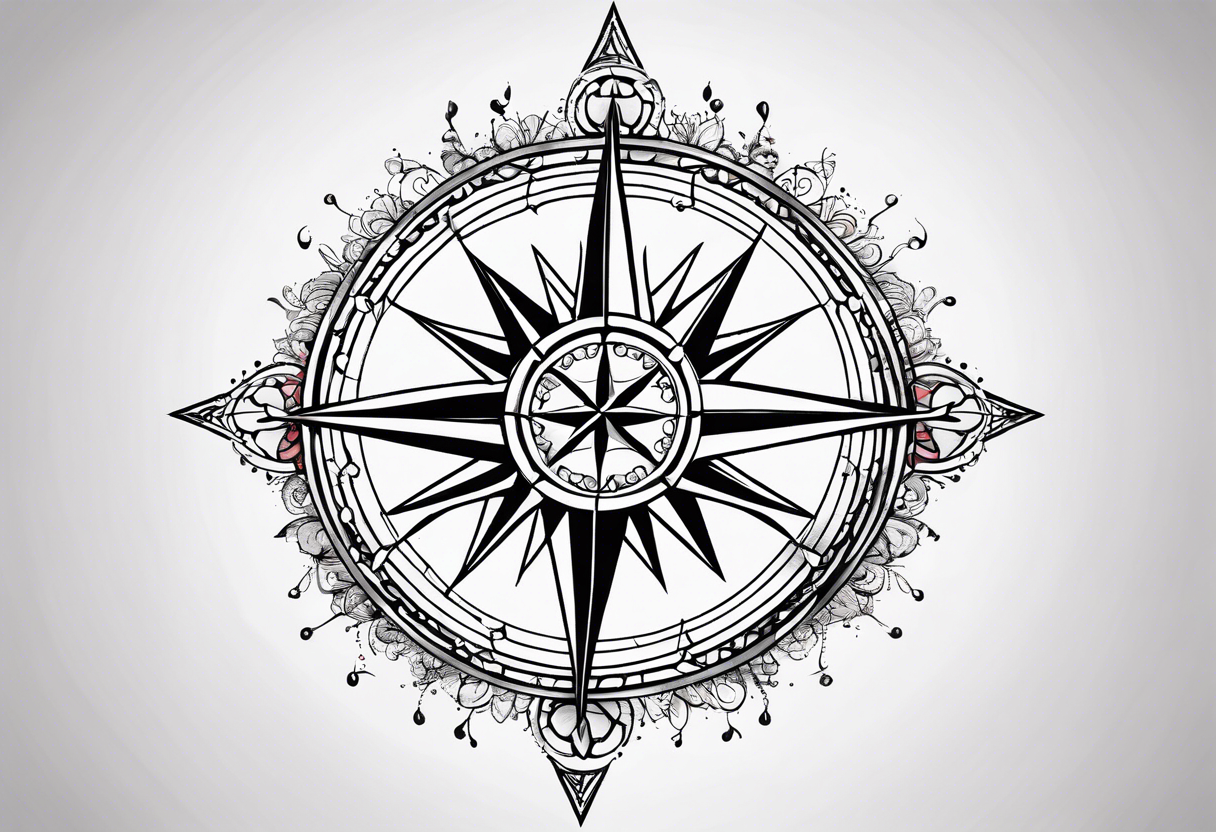 a classic compass rose as the central element with a molecular structure of serotonin tattoo idea