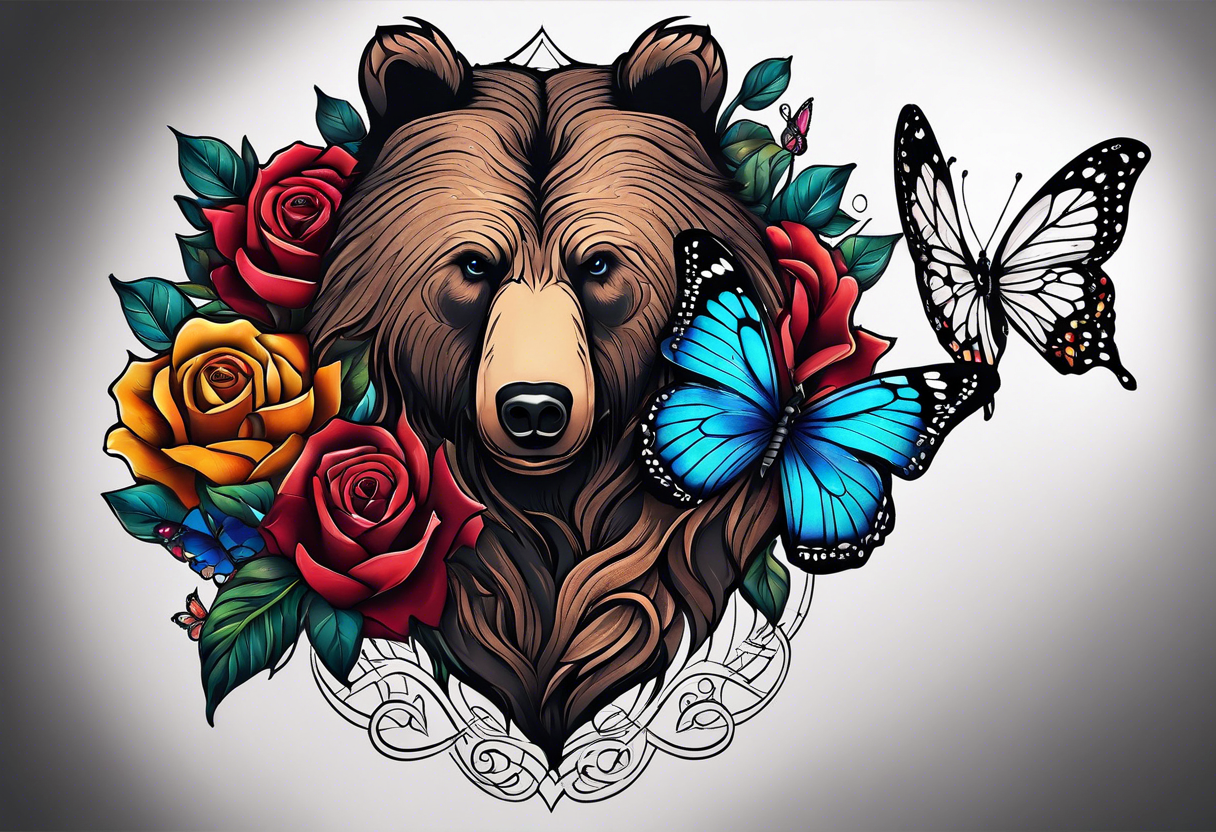 Bear under the tree of life with multiple colored roses and three butterflies for an upper arm tattoo. tattoo idea