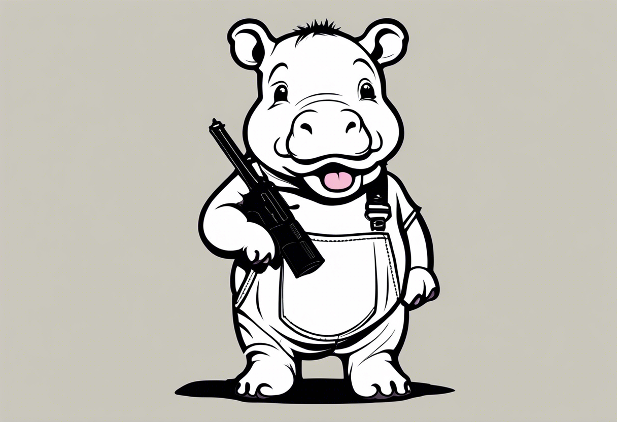 Baby hippo wearing overalls and holding a pistol tattoo idea