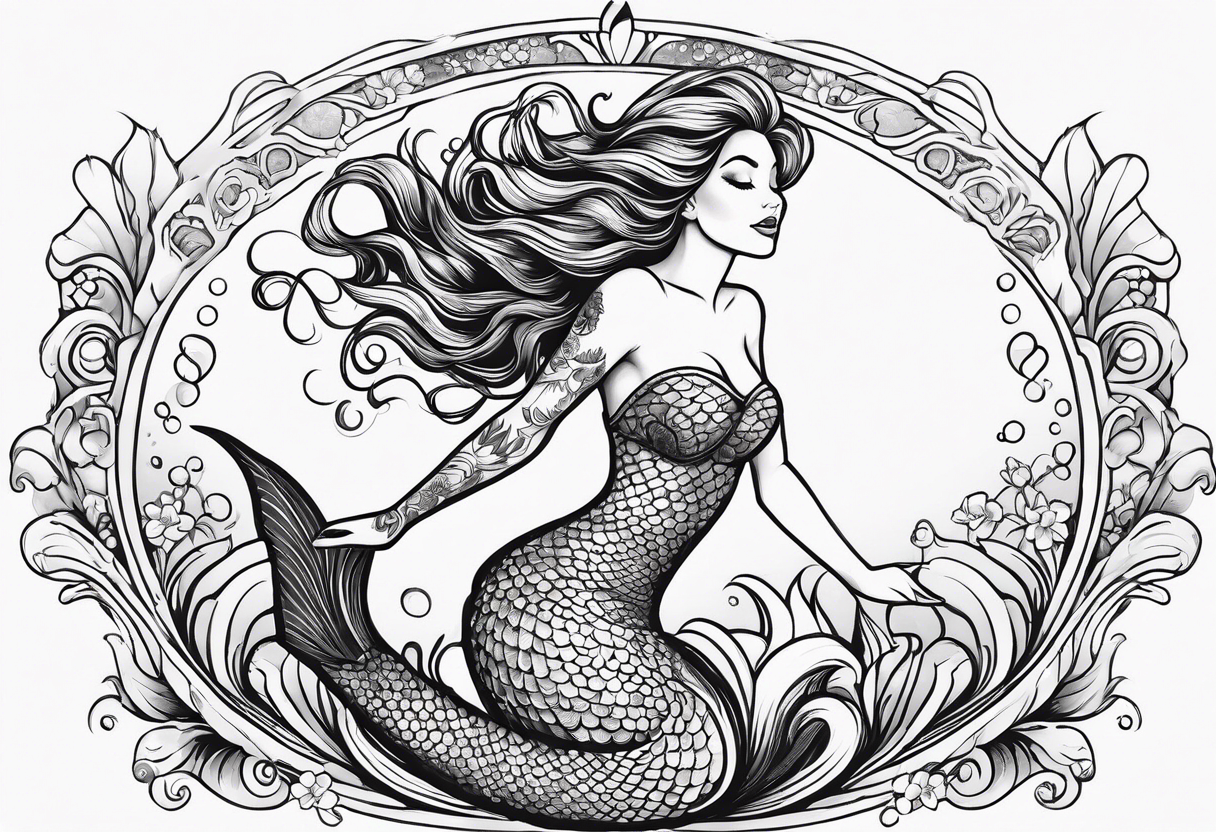 Mermaid full body, curvy, one arm up in the air, smiling tattoo idea