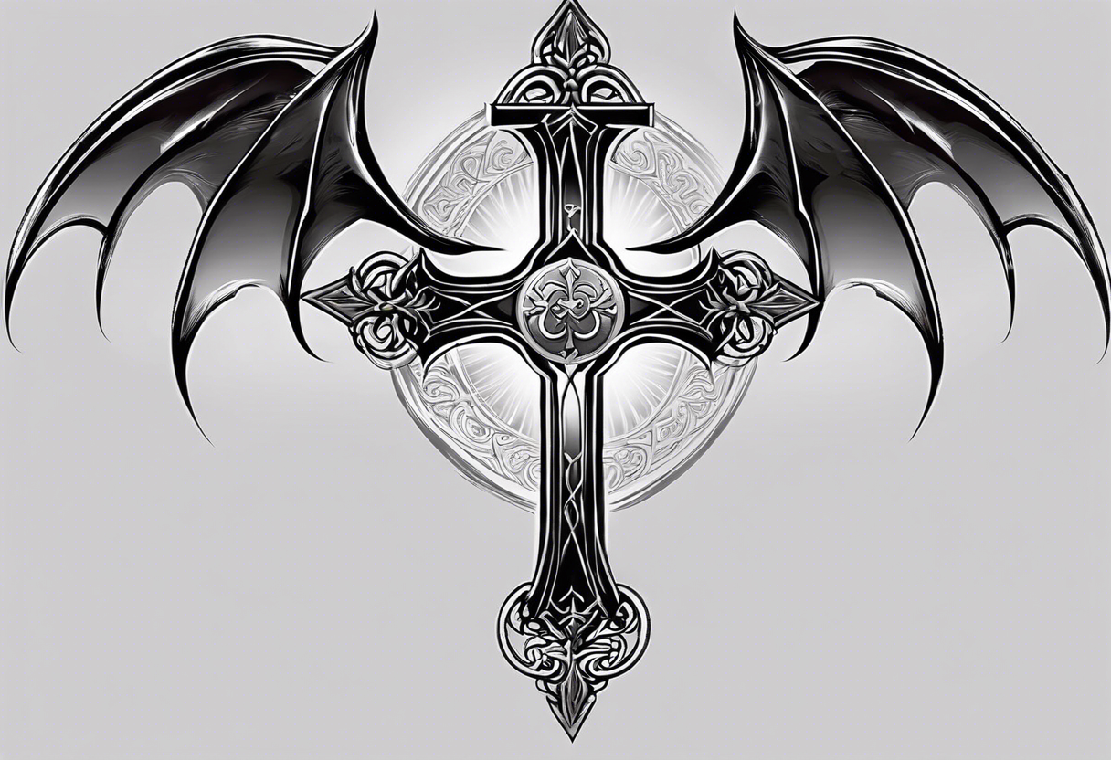 A Christian cross with sharp lower end imbedded into the ground that has roots growing from it. The cross is in the middle of two huge dragon wings. In the middle of the cross is an eye ball tattoo idea