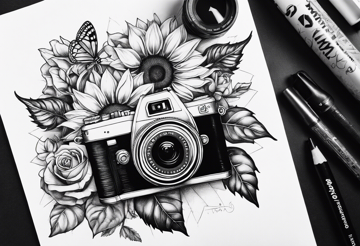 Book, sunflower, camera, butterfly, flower rose tattoo idea